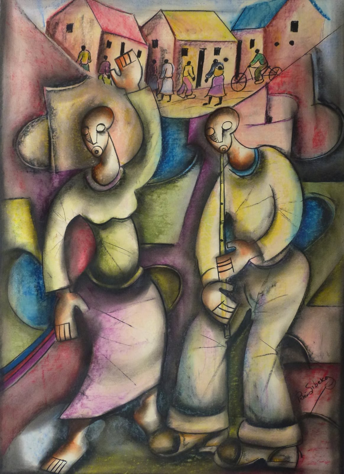 Flute Player and a Dancer by Sibeko, Peter